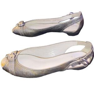 Stuart Weitzman Peek a Boo Open Toe Metallic Patent Leather Flats Size 8.5